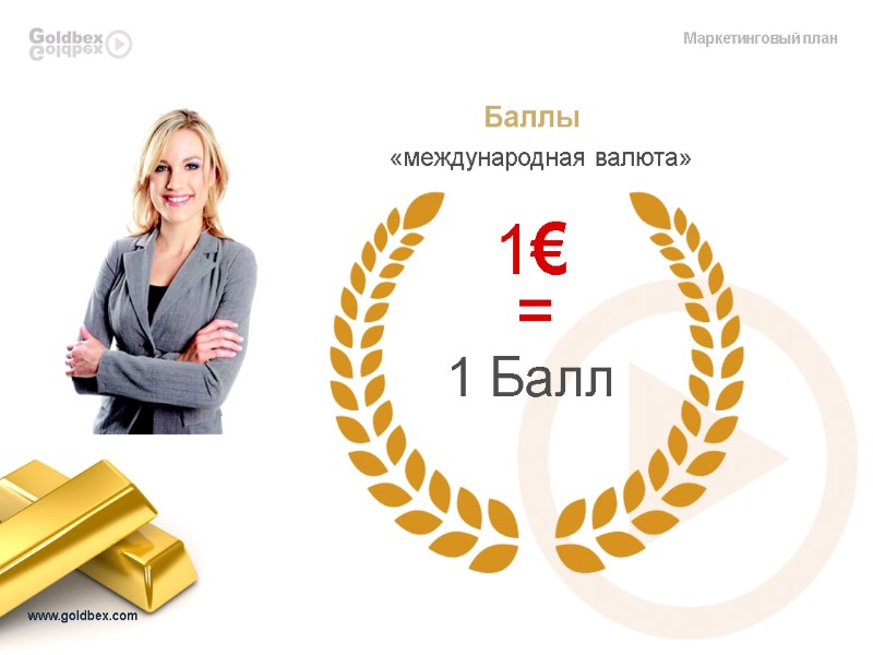 Маркетинговый план Баллы  «международная валюта»  1€  =  1 Балл 